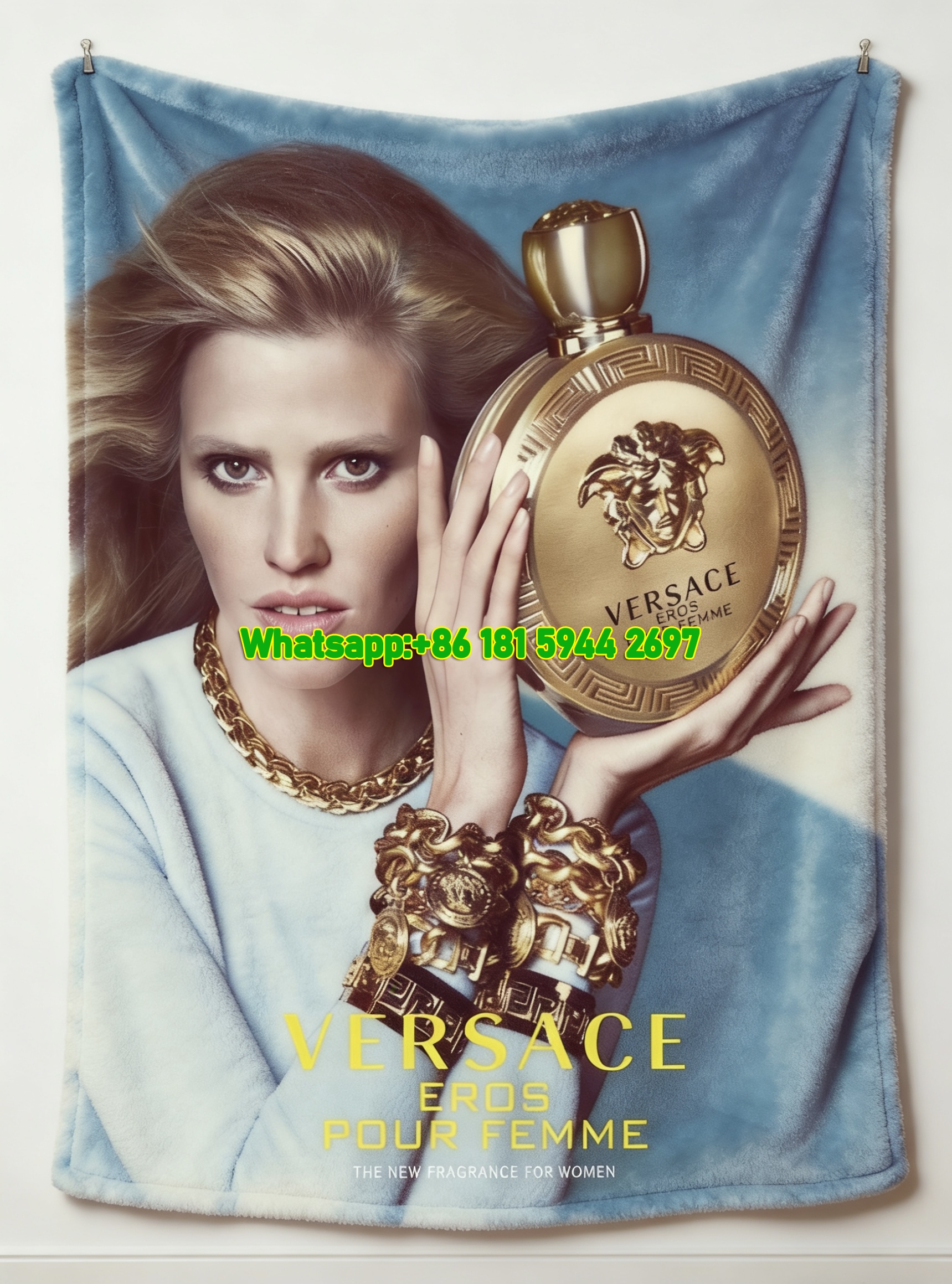Versace Eros Pour Femme Fragrance Print Flannel Throw Blanket Luxury Gold and Blue Sofa Cover Blanket IMG_1536